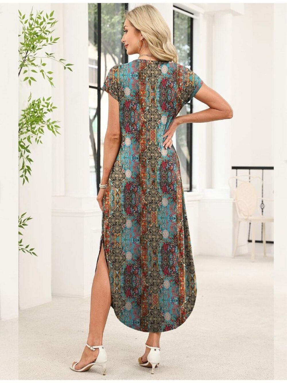 Women's Dark Blue Summer Dress Cap Sleeve Crewneck Maxi Long Casual Beach Dress - Picture 5 of 5